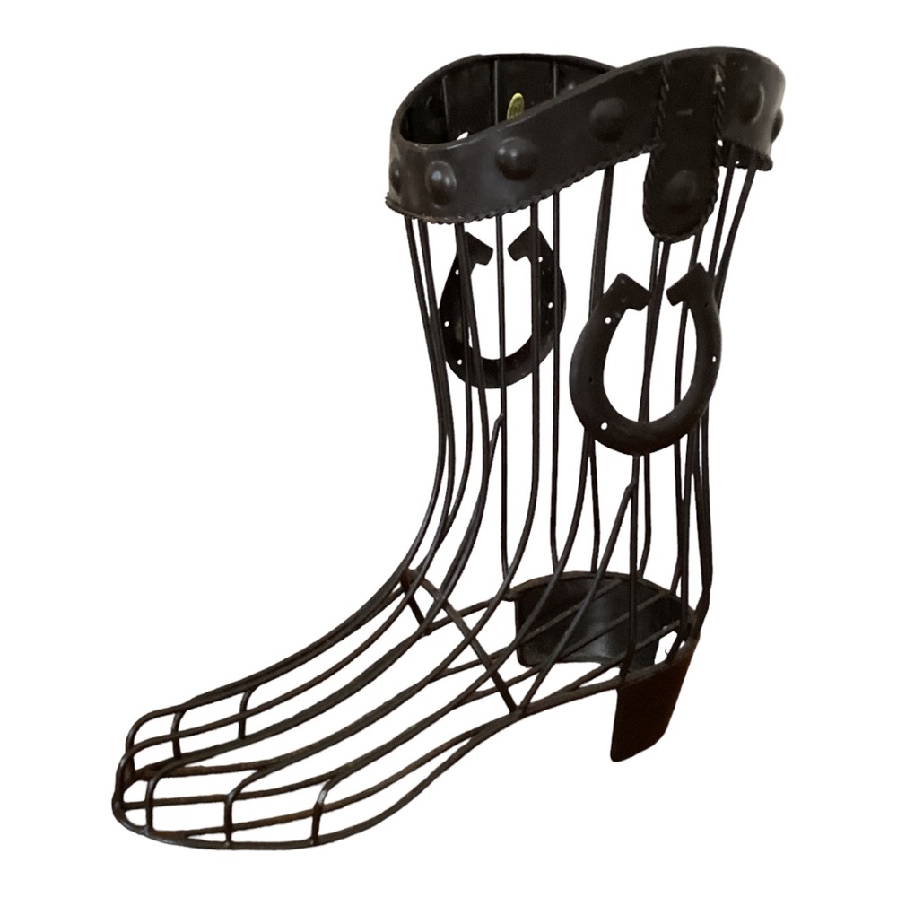 Cowboy Boot Wine Bottle Cork Cage Metal Wire With Rustic Horseshoe Accents